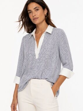 New leggiadro blouse crisp white collar shirt blue stripe leopard print
